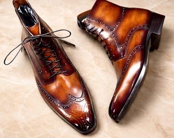 Handmade Brown Leather Brogue Boots | Men's Side Zipper Ankle Boots - Etsy