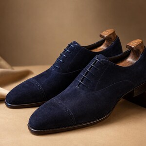 Handmade Navy Blue Suede Oxford Shoes for Men, Classic Cap  display picture 3