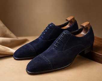 Zapatos Oxford de ante azul marino hechos a mano para hombre, zapatos de vestir clásicos con puntera reforzada.