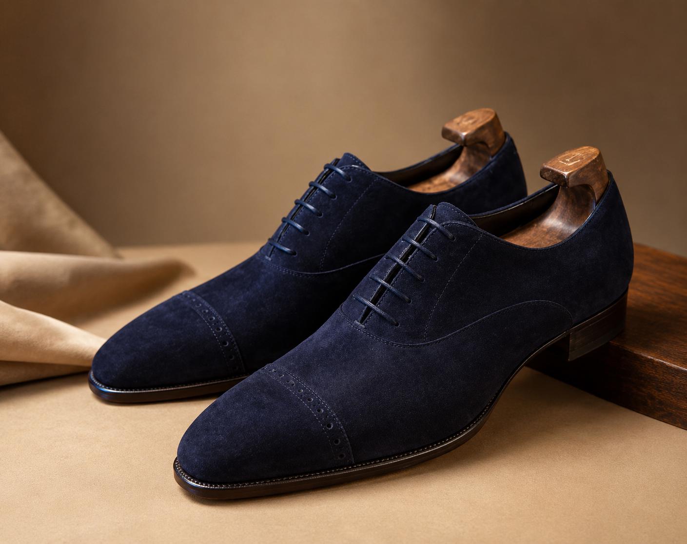 Handmade Navy Blue Suede Oxford Shoes for Men, Classic Cap Toe Dress Shoes.