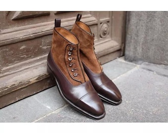 Handmade Brown Suede Button Boots, Men's Formal Dress Boot.
