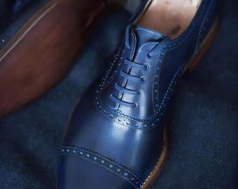 Men’s Blue Leather Oxford Shoes, Handmade Cap Toe Brogue Dress Shoes.