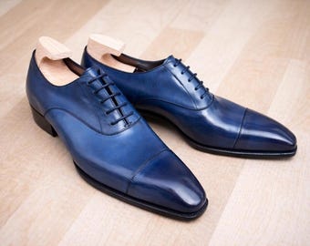 Handmade Blue Patina Oxford Shoes for Men, Luxury Leather Dress Shoes.