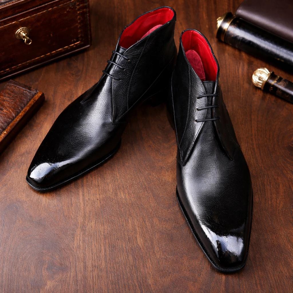 Men\'s Black Leather Chukka Boots with Red Interior Lining Handmade Genuine Black Leather Men main image 2