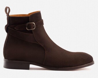 Botas Jodhpur masculinas de camurça marrom escura, feitas à mão, com fivela.