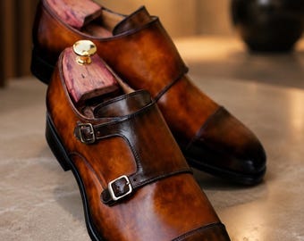 Men’s Cognac Brown Double Monk Strap Shoes, Handmade Leather Cap Toe Dress Shoes.