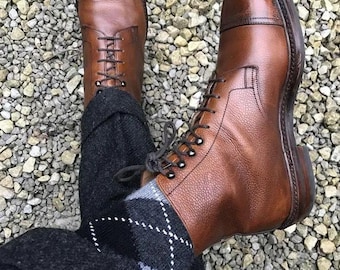 Men’s Brown Leather Cap Toe Boots, Handmade Lace-up Ankle Boots.