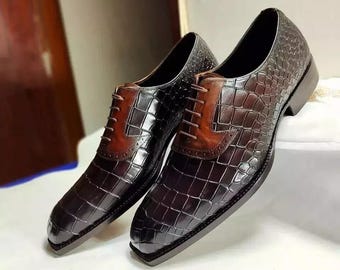 Handmade Alligator Embossed Leather Oxford Shoes, Men's Formal Dress Shoes.