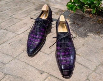 Handgemachte zweifarbige Alligator Kleid Schuhe, Schwarz & Lila.