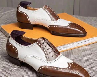Handmade Two-Tone Oxford Dress Shoes, Brown & White Wingtip Brogues: Men's Formal Wear.