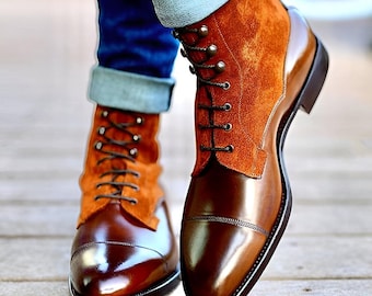 Handmade Brown Leather Suede Ankle Boots, Men's Formal Lace-Up.