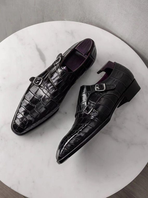Handmade Luxury Black Embossed Leather Double Monk Strap  display picture 1