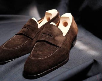 Handmade Dark Brown Suede Penny Loafers, Men’s Classic Slip-On Dress Shoes.