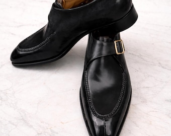 Men's Black Leather Single Monk Strap Dress Shoes, Handmade Formal Footwear.