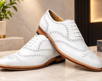 White Leather Brogue Shoes for Men, Handmade Wingtip Oxford Dress Shoes.