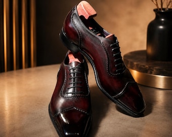 Handmade Burgundy Leather Oxford Shoes for Men, Luxury Cap Toe Dress Shoes.
