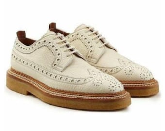 Handmade Cream Grain Leather Oxford Shoes, Men's Wingtip Dress Shoes.