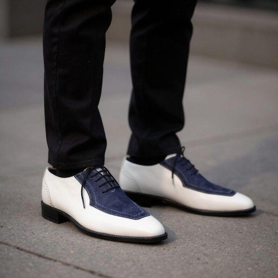 Handmade Two-Tone Leather Oxford Shoes, White & Navy Wingtip.