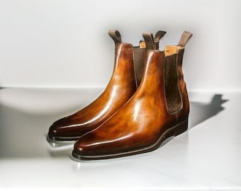 Handmade Tan Leather Chelsea Boots, Men's Classic Formal Style.