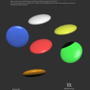 May include: A 3D model of colorful jelly beans. The beans are in various colors, including red, blue, green, yellow, and white. The model is designed for 3D printing and can be used for decorations, desserts, or digital art projects. The text "LACASITOS 3D JELLY BEANS" is at the bottom of the image.