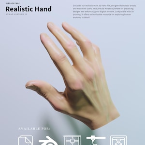 May include: A realistic 3D model of a human hand, designed for tattoo artists and digital artists. The model is available in various file formats, including OBJ, STL, and FBX.  The hand is posed with the palm facing up and the fingers slightly spread apart.