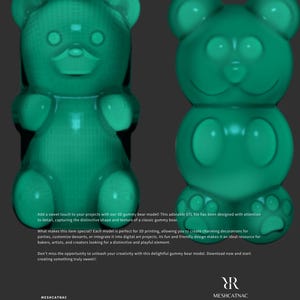 Könnte beinhalten: Zwei 3D-gedruckte Gummibärchen-Modelle in leuchtend grüner Farbe. Die Gummibärchen haben eine klassische Bärenform mit einem freundlichen Ausdruck. Der Text "Gummy Bears 3D Jelly Beans" befindet sich am unteren Rand des Bildes.