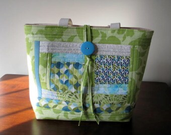 Scrappy Quilted Large Tote in Greens and Aqua