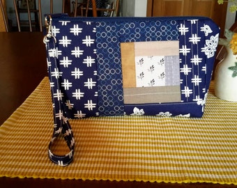 Clutch, Wristlet in Indigo and White Patchwork