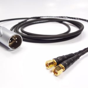 Może przedstawiać: Czarny kabel audio z gniazdem XLR w kolorze srebrnym na jednym końcu i dwoma pozłacanymi złączami typu F na drugim końcu.