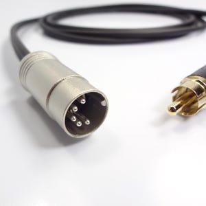 Può includere: Un cavo audio nero con un connettore DIN a 7 pin color argento e un connettore RCA dorato. Il connettore RCA ha una base nera. Il cavo è su una superficie bianca.
