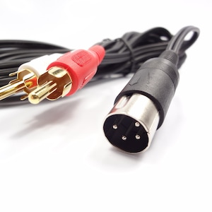May include: A black audio cable with red and white RCA connectors and a black DIN connector. The RCA connectors have gold-colored tips. The DIN connector has five pins. The cable is on a white background.