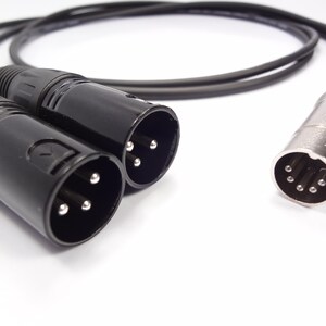 May include: A black audio cable featuring two male XLR connectors with three silver pins each and one female DIN connector with five silver pins. The connectors are attached to a black insulated wire that loops in the background of the image.