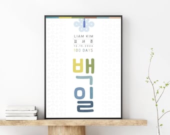 100 dagen, blauw gepersonaliseerd bord, 100 IL, afdrukbaar feest, 100 dagen Koreaans feest, bord, , , decoratie 100 dagen, banner, Koreaanse baby