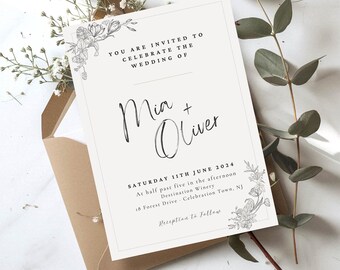 Afdrukbare bruiloftsjabloon, gepersonaliseerde uitnodiging, afdrukbaar feest, feest, kalligrafie, digitaal DIY-bestand, botanische illustraties