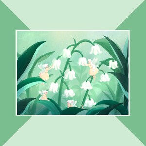 Impression de lutin et de muguet | Affiche, décoration murale, magique, affiche de café, printemps, cosy, fantastique, jardin, illustration, impression d'art
