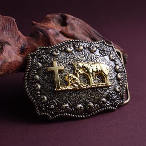 Saint Steed Belt Buckle: Zinc Alloy & Antique Finish｜St.Mary Symbol of Protection｜8.39x6.18cm 70.5g｜3.8-4cm Belt Fit,Gifts for Him