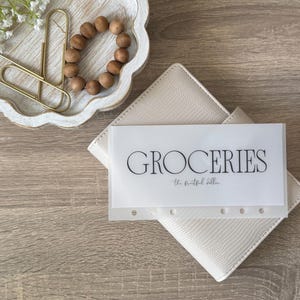 May include: A white, cream-colored, textured, leather-bound planner with a clear plastic insert that says "GROCERIES the fruitful fella".