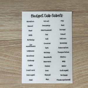 May include: A white sticker sheet titled Budget tab labels in black cursive font. It contains three columns of individual transparent labels with black text for various categories including Adventure, Rent, Savings, and Debt, organized for organization.