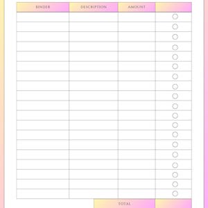 Könnte beinhalten: Ein druckbarer Cash-Unstuffing-Tracker mit Spalten für Binder, Beschreibung und Betrag. Der Tracker hat einen rosa-gelben Farbverlaufshintergrund und eine Totalzeile am unteren Rand.