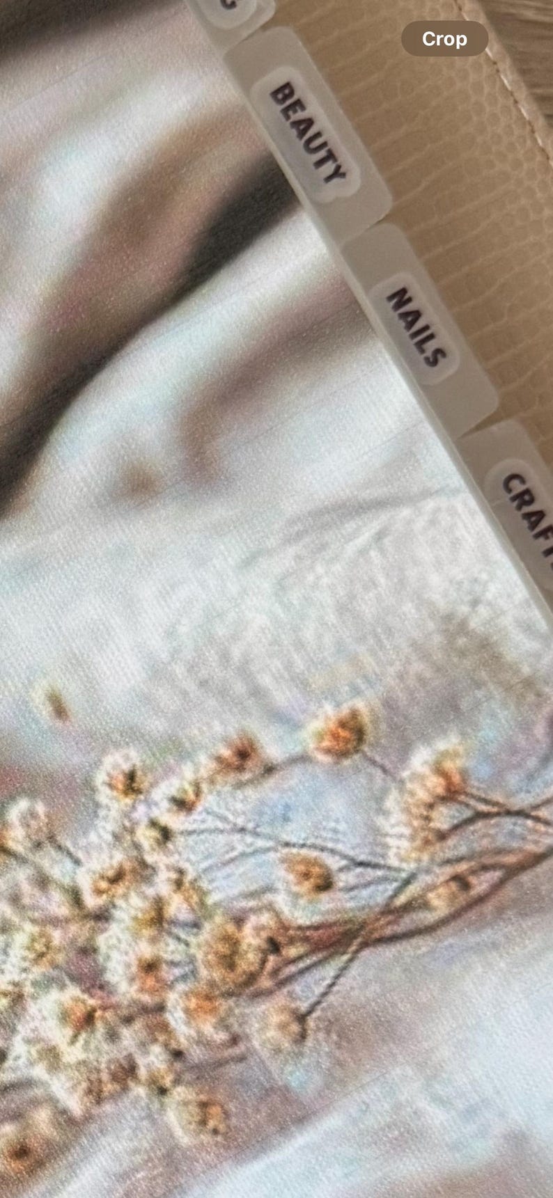 Pu&ograve; includere: Primo piano di un'agenda con schede etichettate "BEAUTY", "NAILS" e "CRAFT". Lo sfondo presenta un design floreale morbido con colori tenui. La copertina dell'agenda &egrave; beige chiaro.