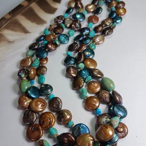 Triple Strand Coin Pearl & Turquoise Necklace