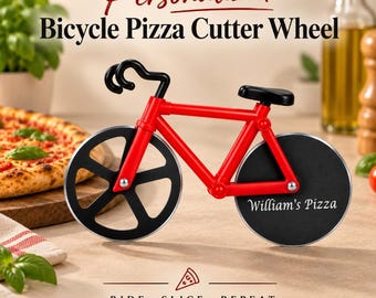 Personalisierter, gravierter Fahrrad-Pizzaschneider, einzigartiges Küchengeschenk für Radfahrer und Familien.
