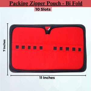 May include: Red zippered pouch with 10 slots for organizing small items. The pouch measures 11 inches wide and 7 inches tall.