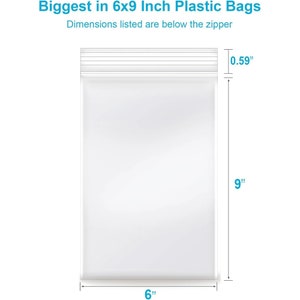 May include: Clear plastic zipper bag with dimensions of 6 inches by 9 inches. The bag is shown lying flat.