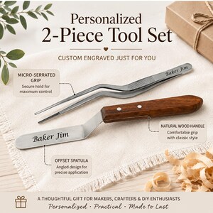 May include: A 2-piece tool set featuring a silver metal offset spatula with a brown wooden handle and a silver metal micro-serrated tweezer. Both tools are engraved with the text Baker Jim. The set is presented with descriptive text labels.
