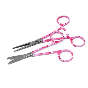 May include: Two medical tools with pink floral patterned handles. One tool is a hemostat with pointed tips, and the other is a scissors. The word "Jessica" is engraved on the metal of both tools.