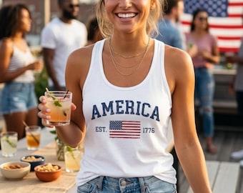 America Est 1776 Tank Top Women, Patriotic Racerback Tank, 4th of July Shirt, Vintage American Flag Shirt, Fourth of July Tank, USA Flag Tee