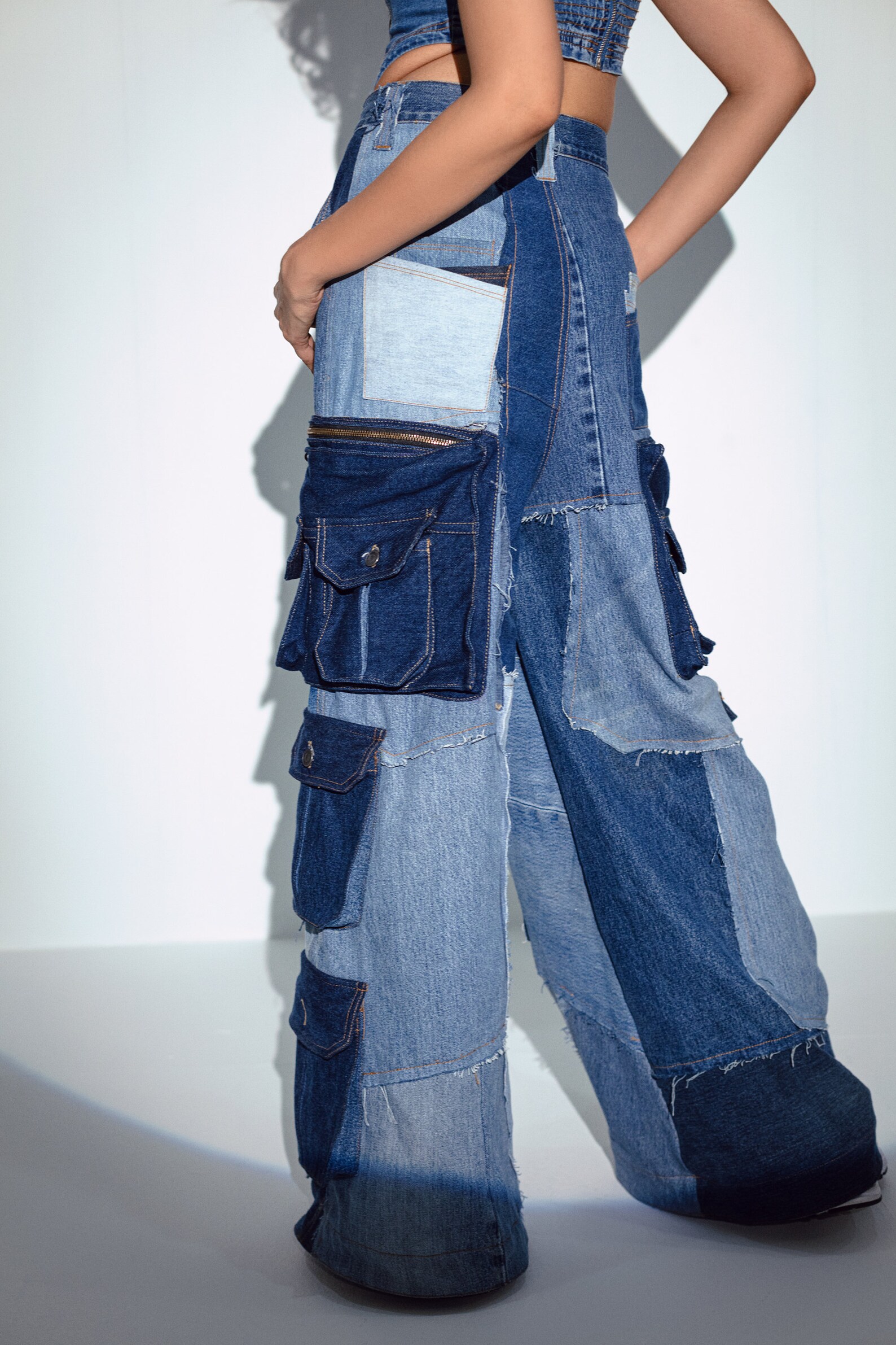 Denim Cargo Pants with Off-Shoulder Ruffle Top
