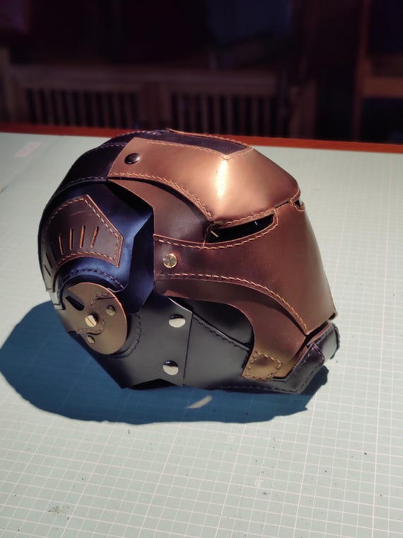 Handmade Leather Cosplay Helmet | Red and Gold Warrior Mask | Futuristic Armor Costume Prop