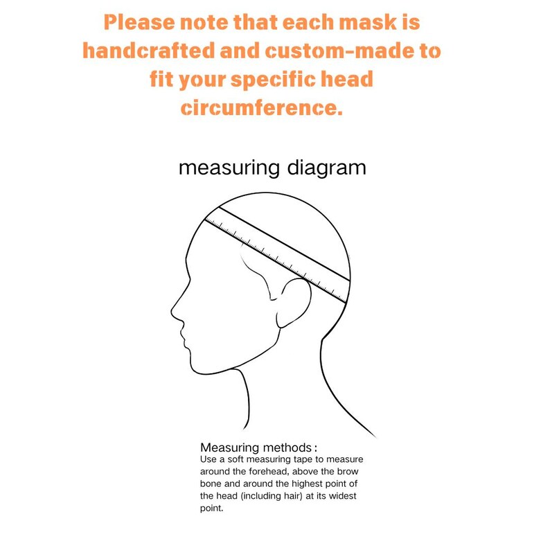 May include: Diagram illustrating head circumference measurement for a mask. The image includes a side profile of a head with a measuring tape, along with text explaining the measuring method for a custom fit.